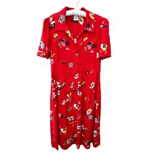 CABI Red Retro Floral Button Front Shirt Sleeve Midi Shirt Dress | Medium